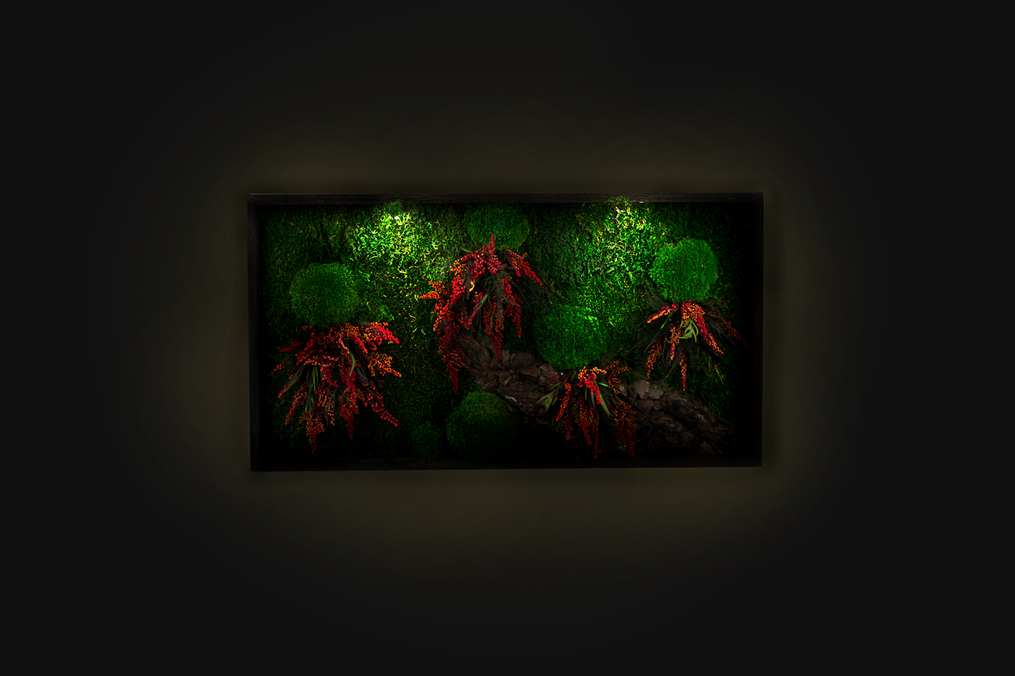 Red Flowers Handmade Plant Artwork | Moss Artwork | Natural Oak and Plants Art | Unique Home Decor Piece | Original LED Wall Art