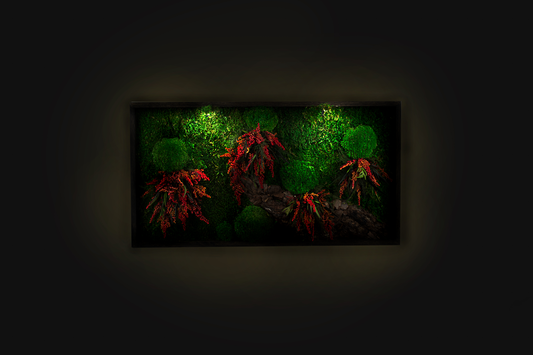 Red Flowers Handmade Plant Artwork | Moss Artwork | Natural Oak and Plants Art | Unique Home Decor Piece | Original LED Wall Art