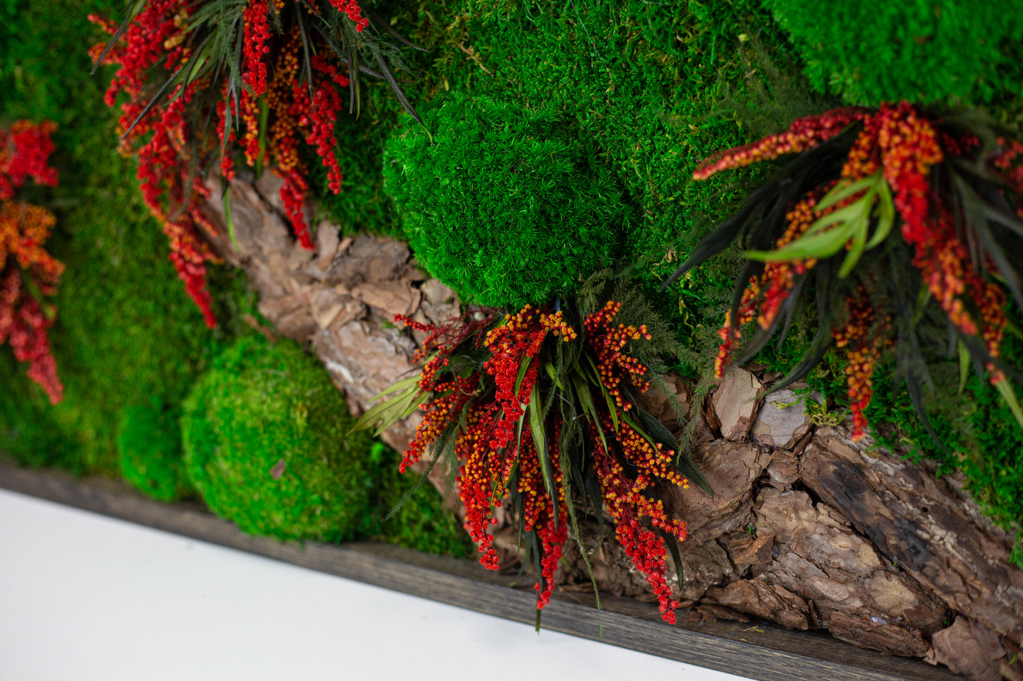 Red Flowers Handmade Plant Artwork | Moss Artwork | Natural Oak and Plants Art | Unique Home Decor Piece | Original LED Wall Art