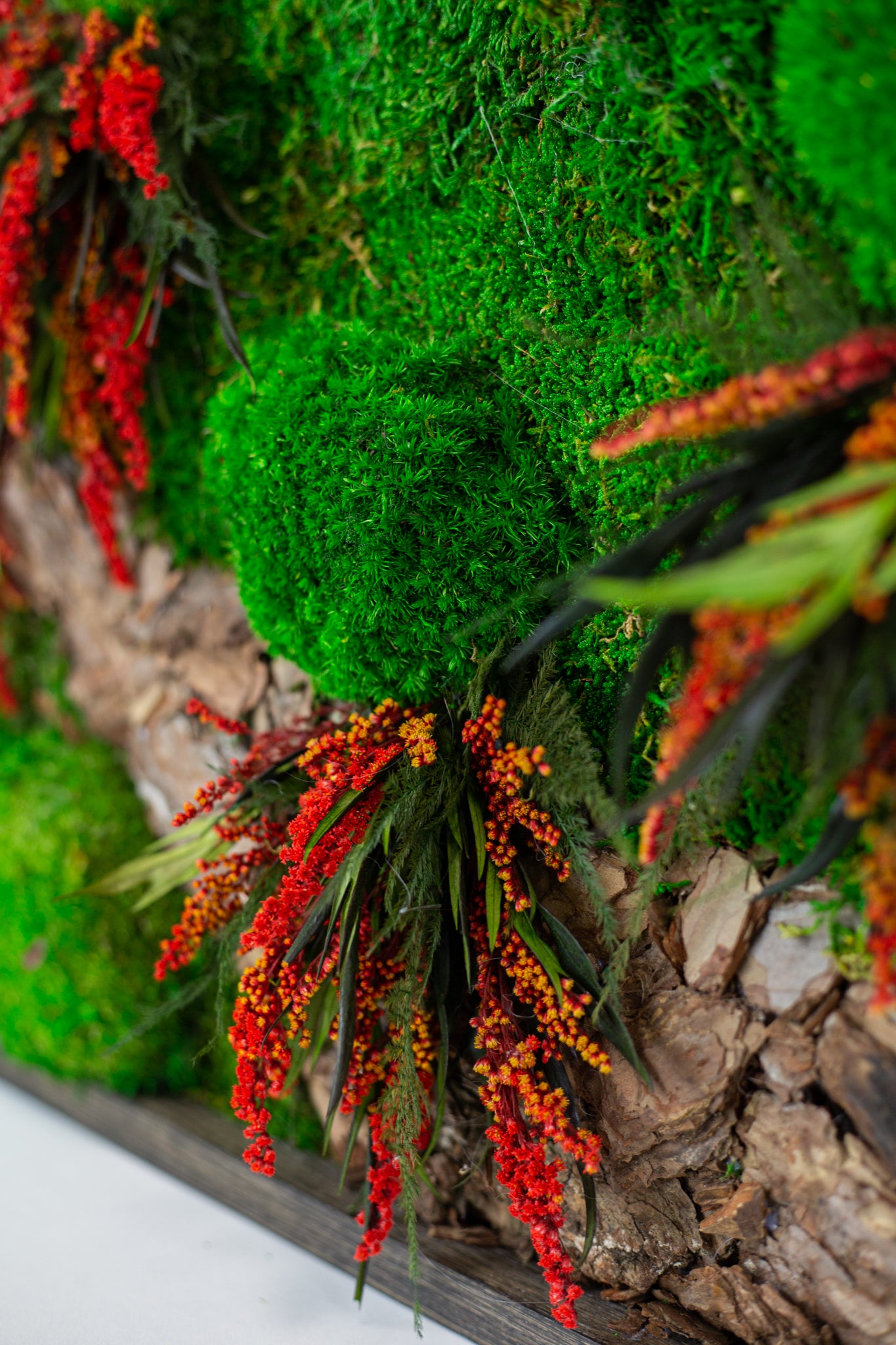 Red Flowers Handmade Plant Artwork | Moss Artwork | Natural Oak and Plants Art | Unique Home Decor Piece | Original LED Wall Art