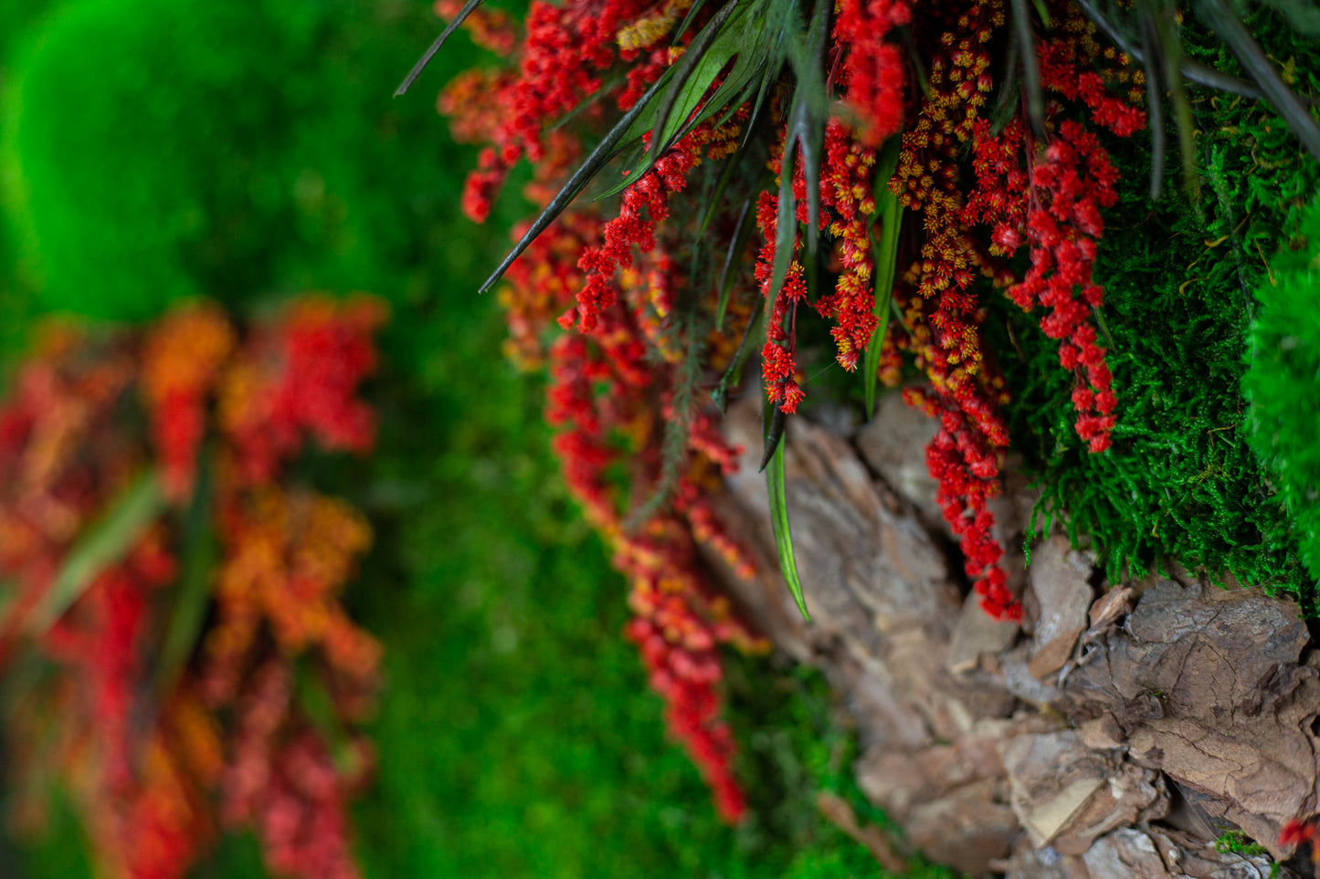 Red Flowers Handmade Plant Artwork | Moss Artwork | Natural Oak and Plants Art | Unique Home Decor Piece | Original LED Wall Art