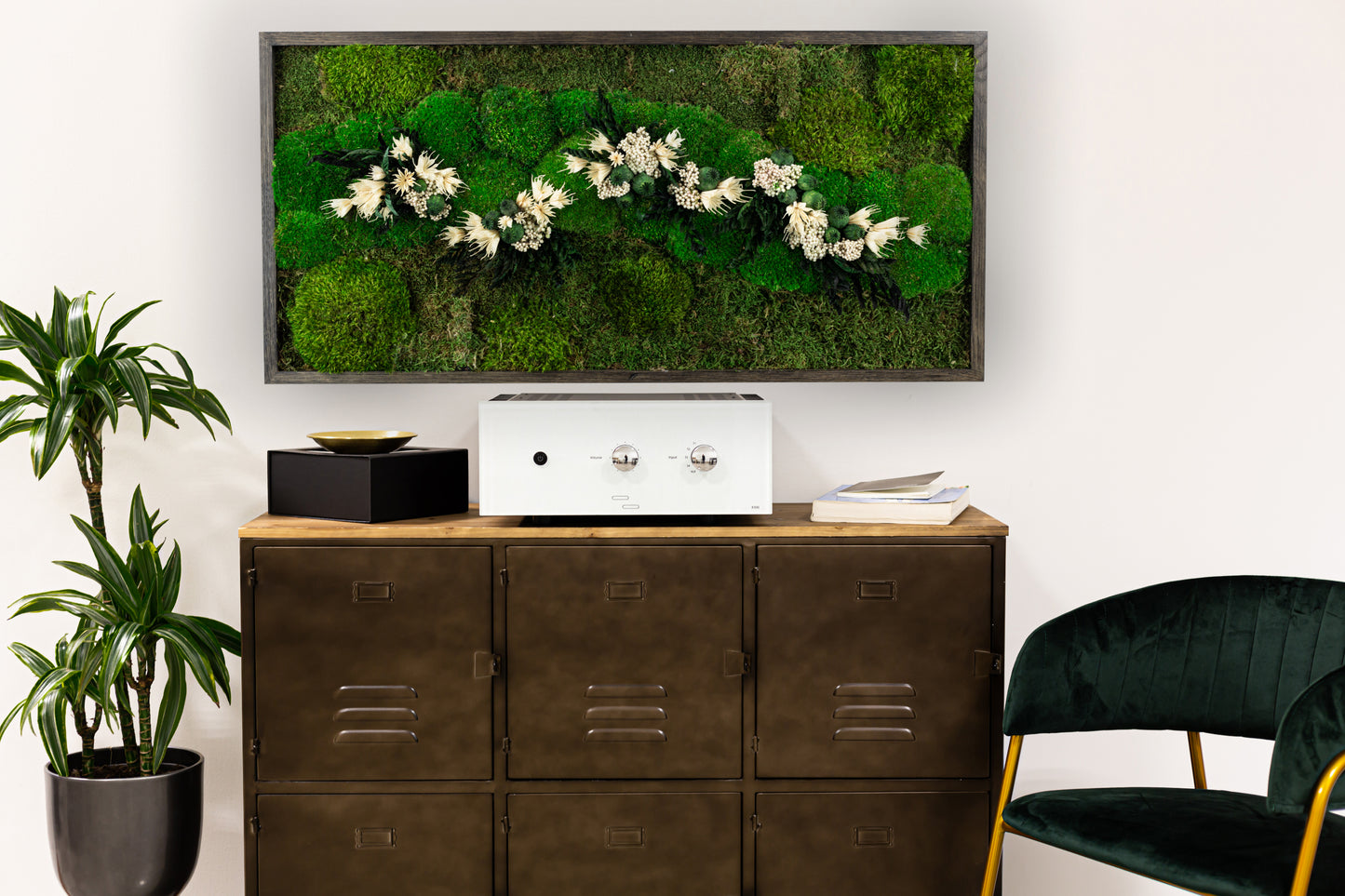 White Flowers Handmade Plant Artwork | Moss Artwork | Natural Oak and Plants Wall Art | Unique Home Decor Piece | Original LED Wall Art