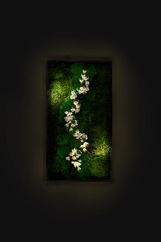 White Flowers Handmade Plant Artwork | Moss Artwork | Natural Oak and Plants Wall Art | Unique Home Decor Piece | Original LED Wall Art
