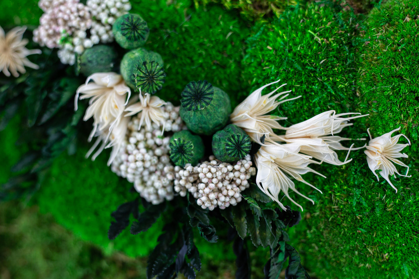 White Flowers Handmade Plant Artwork | Moss Artwork | Natural Oak and Plants Wall Art | Unique Home Decor Piece | Original LED Wall Art