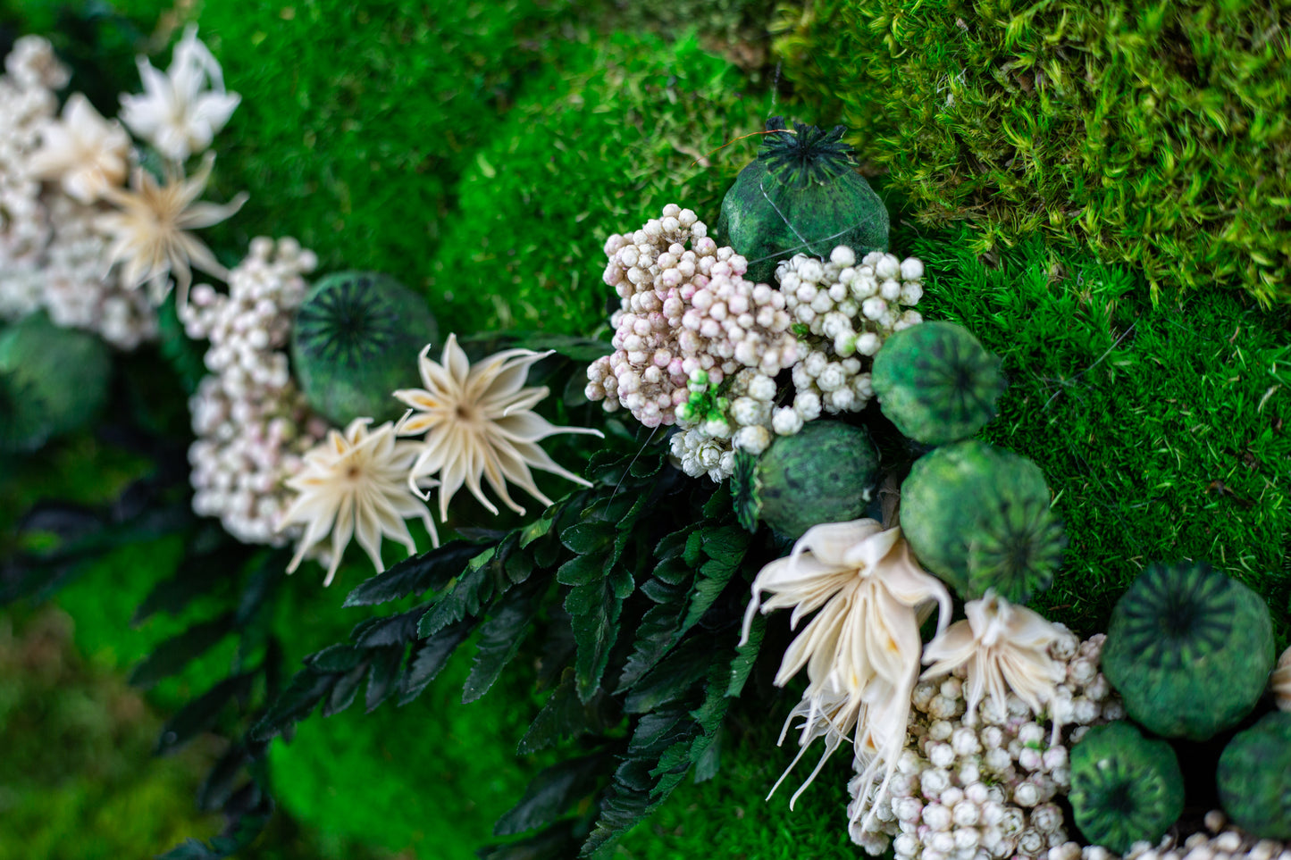 White Flowers Handmade Plant Artwork | Moss Artwork | Natural Oak and Plants Wall Art | Unique Home Decor Piece | Original LED Wall Art
