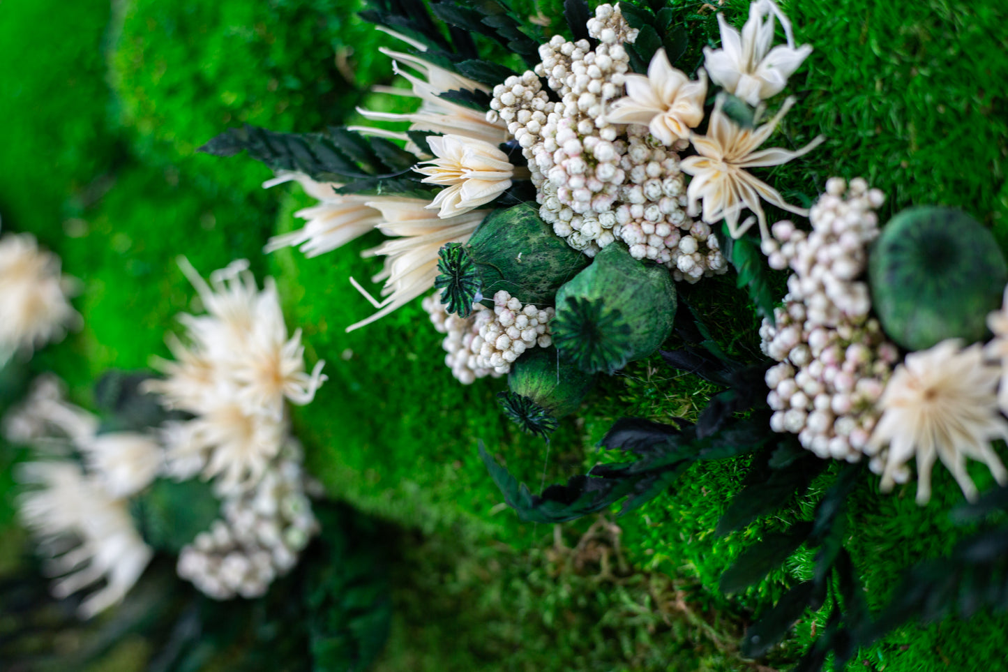 White Flowers Handmade Plant Artwork | Moss Artwork | Natural Oak and Plants Wall Art | Unique Home Decor Piece | Original LED Wall Art