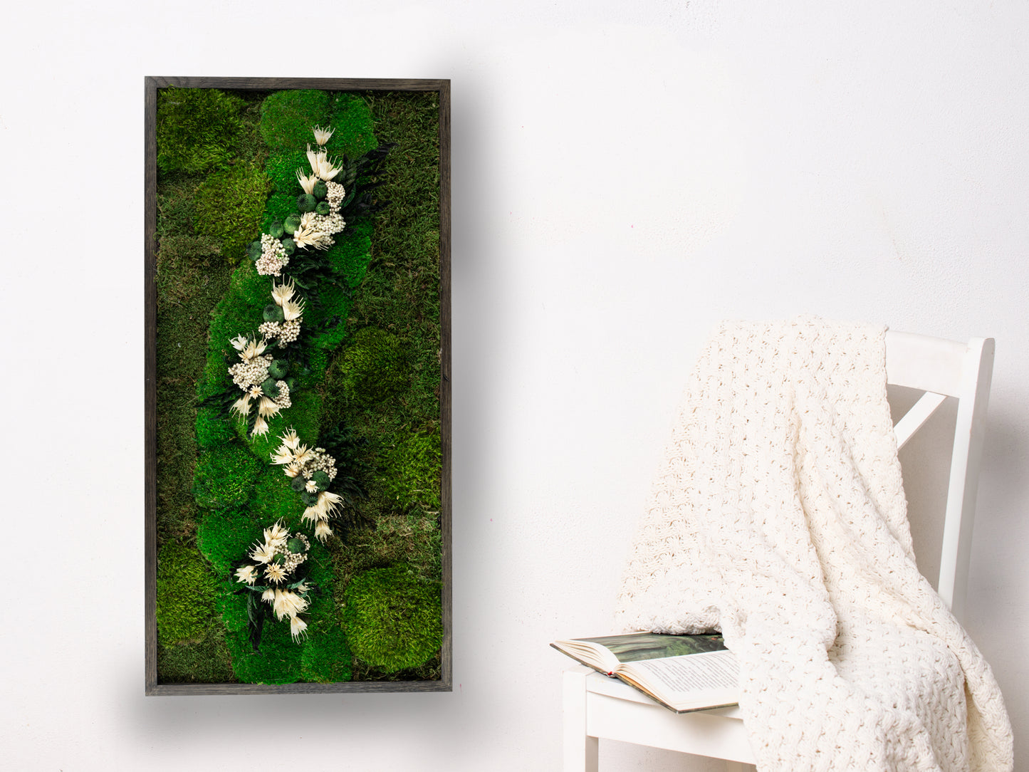 White Flowers Handmade Plant Artwork | Moss Artwork | Natural Oak and Plants Wall Art | Unique Home Decor Piece | Original LED Wall Art