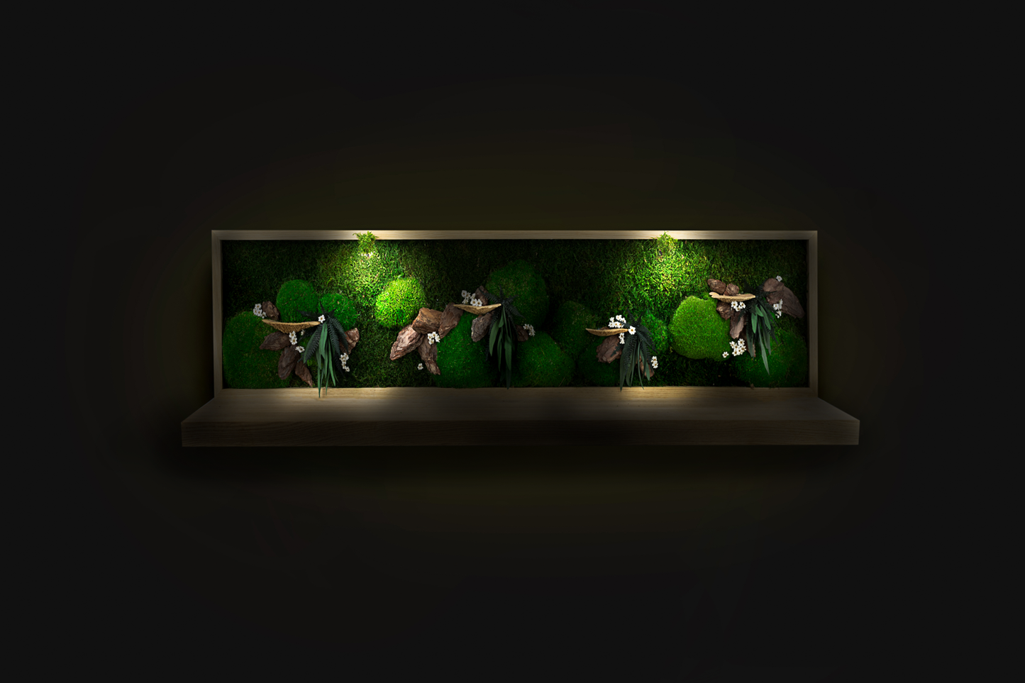 Abstract Garden Handmade Plant Shelf | Moss Artwork | Natural Oak and Plants Shelf | Unique Home Decor Piece | Original LED Wall Art