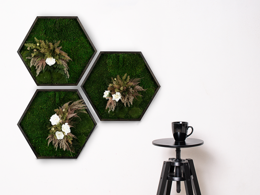 Handmade Plant Artwork Set| Moss Artwork Set of Three | Natural Oak and Plants Art | Unique Home Decor Piece | Original LED Wall Art