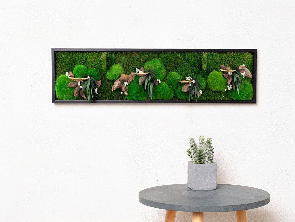 Lovely Green Wall Art Preserved Moss Artwork  with LED Lights and Live Moss For Office or Home 1 piece frame