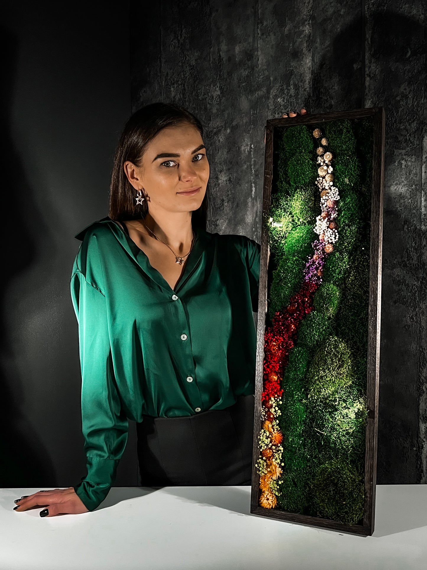 Handmade Plant Artwork | Moss Artwork | Natural Oak and Plants Wall Art | Unique Home Decor Piece | LED Light Wall Art