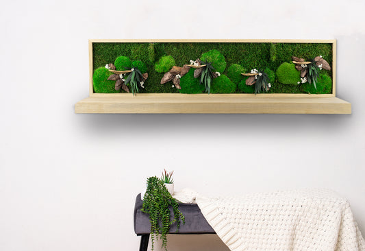 Abstract Garden Handmade Plant Shelf | Moss Artwork | Natural Oak and Plants Shelf | Unique Home Decor Piece | Original LED Wall Art