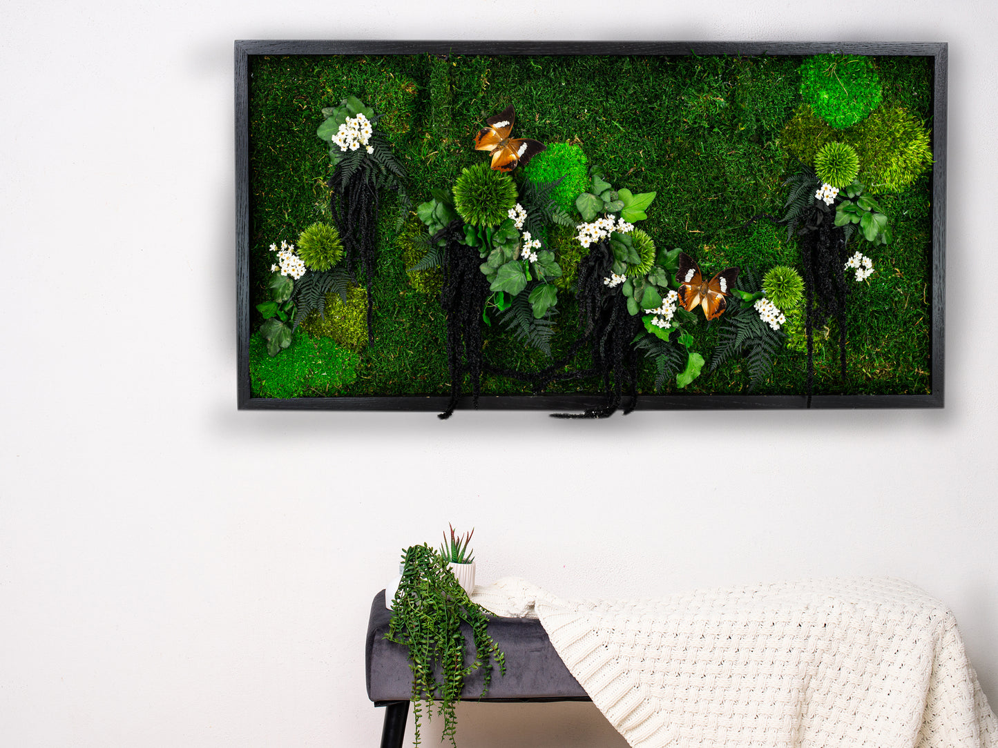 New!! Lovely Elegant Wall Art Preserved Moss With Real Butterflies Artwork with LED Lights Preserved Moss Lighted Moss Art Framed Home Decor